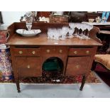 Compact Georgian Mahogany Sideboard, a gallery back over 3 apron drawers and 2 hinged cupboard doors