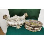 A porcelain centre bowl with dragon-head shaped finials (chips to ears) and a modern Dresden Casket,