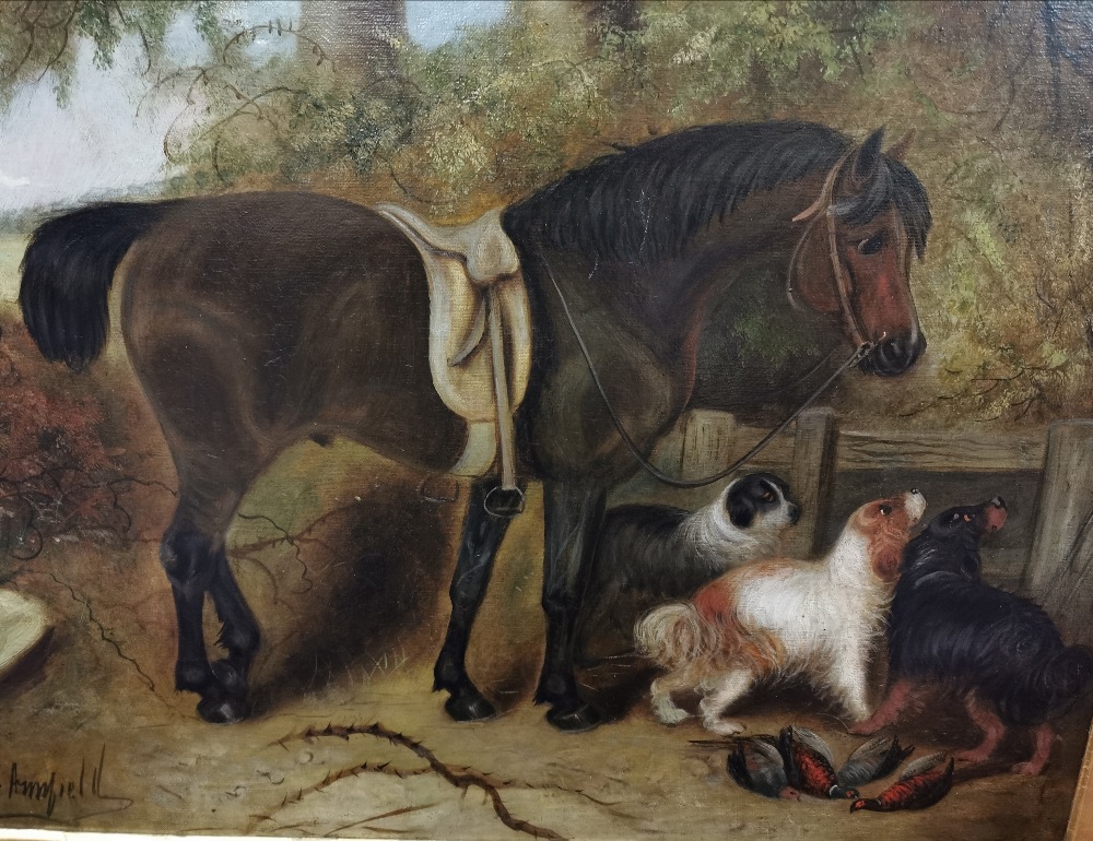 G ARMFIELD, 1810-1893, Oil Painting, saddled brown horse in countryside with hunting dogs and - Image 2 of 4