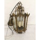 Brass Framed Ceiling Lantern, good heavy and ornate frame with stylised flowers, octagonal shaped