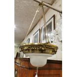 Brass Ceiling Light, in the Romanesque style, 3 arms supporting a cameo glass shade