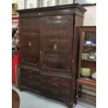 Georgian Mahogany Wardrobe, moulded cornicing above two front doors featuring oval inlaid panels and