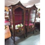 Matching Pair Vitrine Display Cabinets, shell shaped mounts over 3 internal shelves, bombe shaped