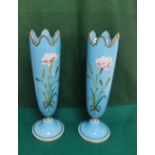 A Matching Pair of Victorian Narrow Blue Cameo Glass Vases, on stems, floral detail