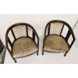 Matching Pair Edw walnut Tub-shaped Armchairs, line inlaid, cushioned seats, tapered legs (