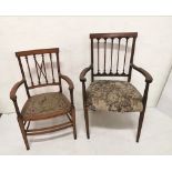 2 x Edw. Inlaid Mahogany Salon Armchairs, with column backs, 1 with a padded seat, 1 with