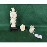 3 Carved Ivory Figures – A Chinese lady carrying a wreath (on a stand) 17cmH & 2 netsukes – a “happy