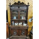 Tall Carved Oak 19thC Bookcase, crest style cornice mouldings over two glass doors supported on a