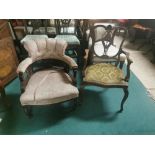 2 Edw. Chairs – 1 tub shaped armchair with padded back and seat & 1 inlaid rosewood armchair,