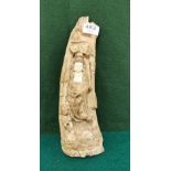 Figure of a finely ornamental Asian or Chinese woman carrying a basket of fish, on a tusk or