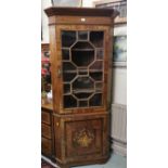 Marquetry Inlaid 19thC Corner Cabinet, astragal glazed doors (glass damaged) over a cupboard below