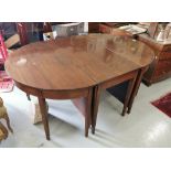 Edwardian mahogany economy table, on inlaid tapered legs, 118" long x 50"w, folds down as a centre