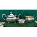 Three Piece Irish Georgian Silver Tea Service, of large proportions, dated 1838, comprising of a