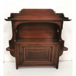 Edwardian Mahogany Wall Shelf, with single central cabinet, inlaid, with heart shaped designs to