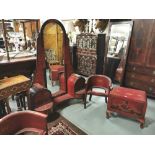 Red Cloisonné Chinese Bedroom Suite, 4 piece, including a dressing table and chest, both with hinged