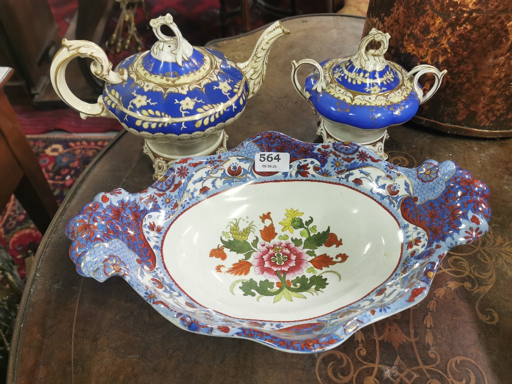 Spode Fruit Dish on stand, floral decorated & a blue glazed Victorian teapot and