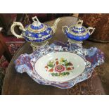 Spode Fruit Dish on stand, floral decorated & a blue glazed Victorian teapot and