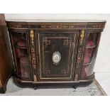 19thC Ebonised Credenza, bowed glass side displays, with cupboard between, feature inlays with
