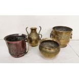 4 Brass, Copper Plant Pots/Vases (all needing polishing)