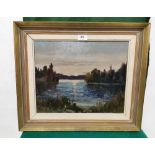 Dutch Oil on Board “Sunrise by the Lake”, signed T. Ahlm (T Rudolph Ahlm), 23 x 40cm, in a gold