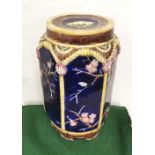 19thC Glazed Majolica Stool, hexagon shaped, decorated with pink blossoms on a dark blue base,