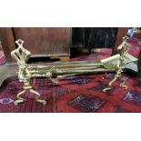 Art Deco 5 Piece Brass Fire Iron Set including 3 Fire Irons and a Pair of Fire Dogs, all with