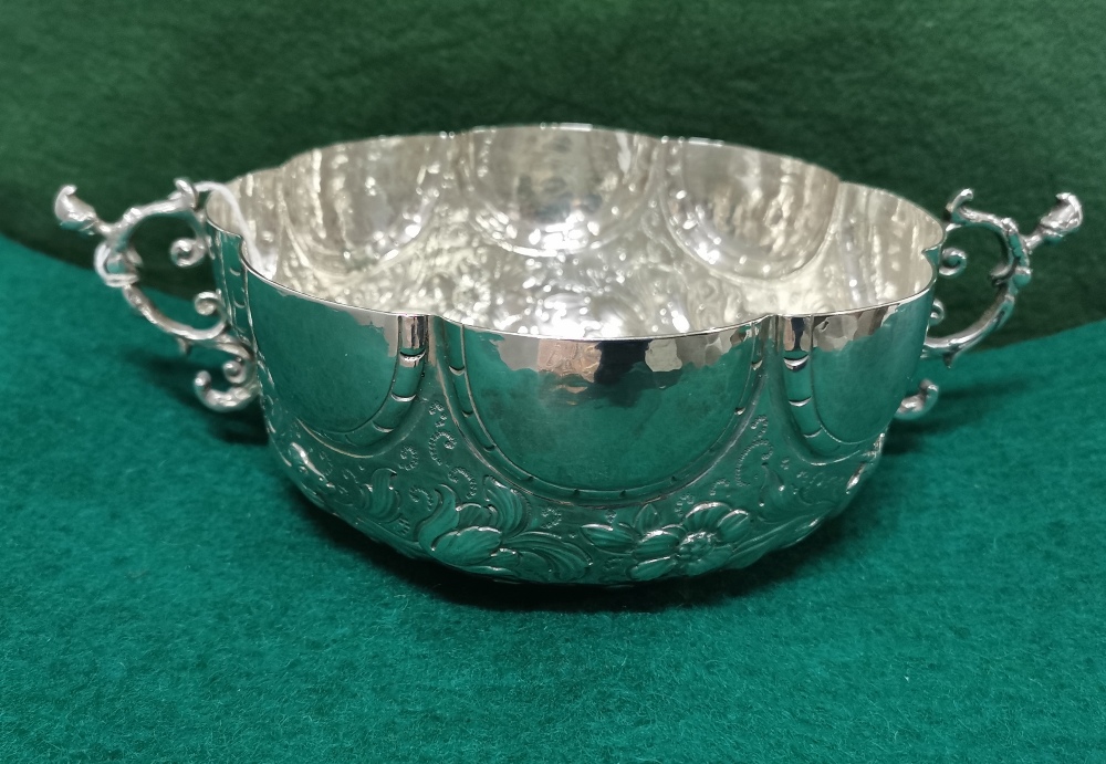 Ornate Silver Fruit Basket, 2 handled, 8 part scalloped rim, 18cm dia, 7cm H, 14 3/4 ozs (420