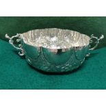 Ornate Silver Fruit Basket, 2 handled, 8 part scalloped rim, 18cm dia, 7cm H, 14 3/4 ozs (420