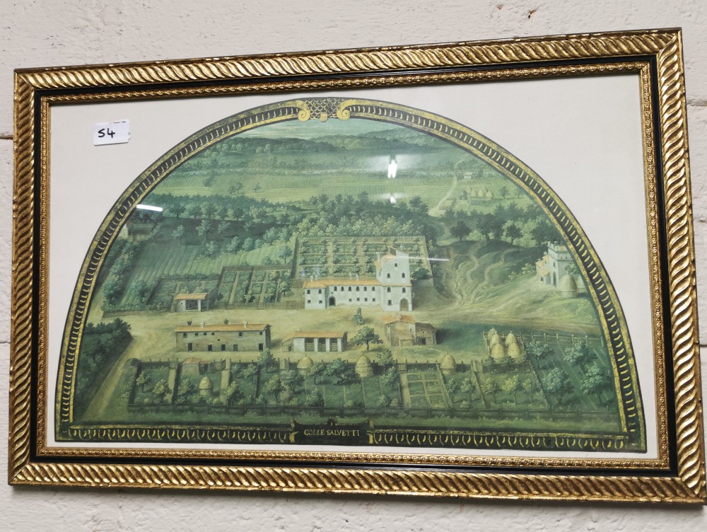 Pair of Italian Prints “La Magta”- aerial views of grand houses (in semi-circular), mounted, in