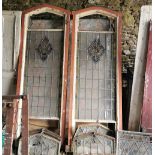 2 large Pine Framed Leaded Stained Glass Windows, with arched tops and 4 similar smaller windows,