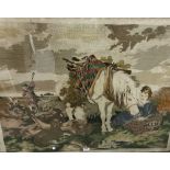 Large early 20thC framed needlepoint, featuring a white pony with a child, timber cutting in the