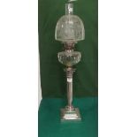 Corinthian Column Silver Plate Oil Lamp, with a diamond impressed glass bowl, 61cmH, glass funnel