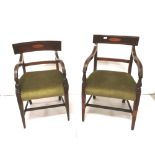 Similar Pair of Mahogany Carver Dining Chairs, in the Sheraton Style, with satinwood inlay, green