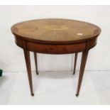 Edw. Satinwood Occasional Table, the oval shaped top intricately inlaid with segmented panels and