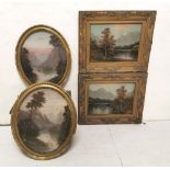 2 Pairs of Antique Oils on Board – Pair oval landscapes 59cm x 49cm & a Pair of landscapes signed