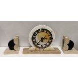 3 Piece Art Deco Marble Cased Clock Set – beige marble with black highlights (Mantle Clock & Pair of