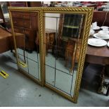 Pair modern Wall Mirrors, with leaded style panels, ribbed gold borders, 75cmH x 130cmW