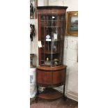 Compact Mahogany Corner Cabinet, with a bowed glass door (slight crack), over a corner base with a