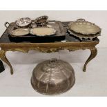 Old Plated ware - 2 large Serving Trays, large Meat Dish Cover, breadboard, pair bottle coasters