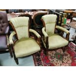 Pair of Late Victorian Walnut Green upholstered Tub shaped Chairs on turned tapering front supports