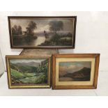 3 Oil Paintings – 19thC lakeside (22cm x 34cm) and 2 x river scenes (3), all framed