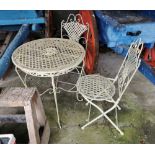 Metal Garden Set – a round table with fretwork top and 2 matching Chairs, foldable, all painted