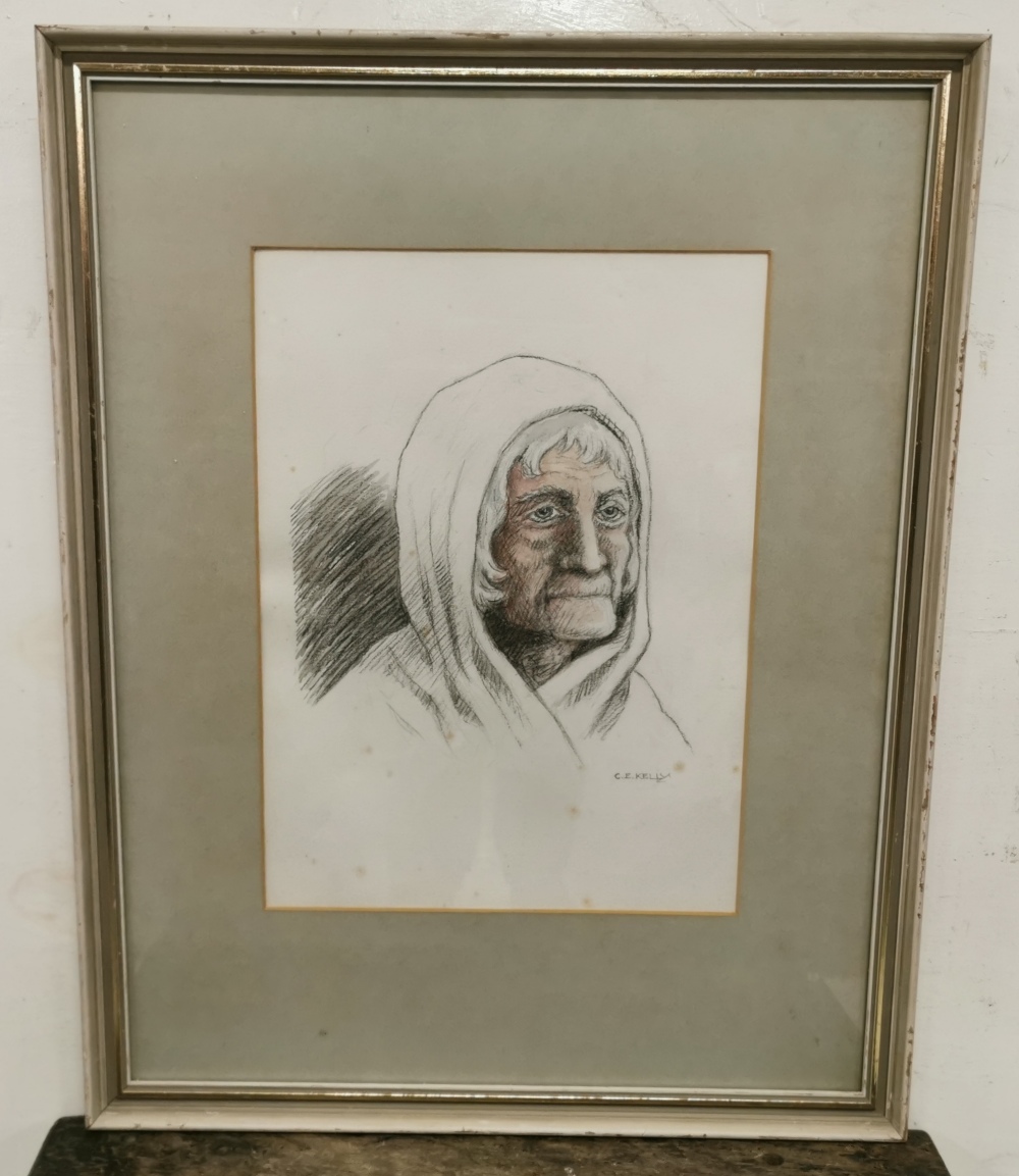 CHARLES E KELLY (1902-1981), Watercolour Study of the head of an old Lady wearing a white shawl,