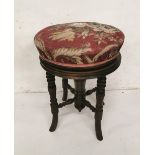 Victorian Revolving Piano Stool, on turned legs with a pink floral top