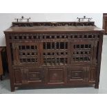 Arts & Crafts 19thC Oak Cupboard, the upper gallery featuring dog shaped candlesticks and early