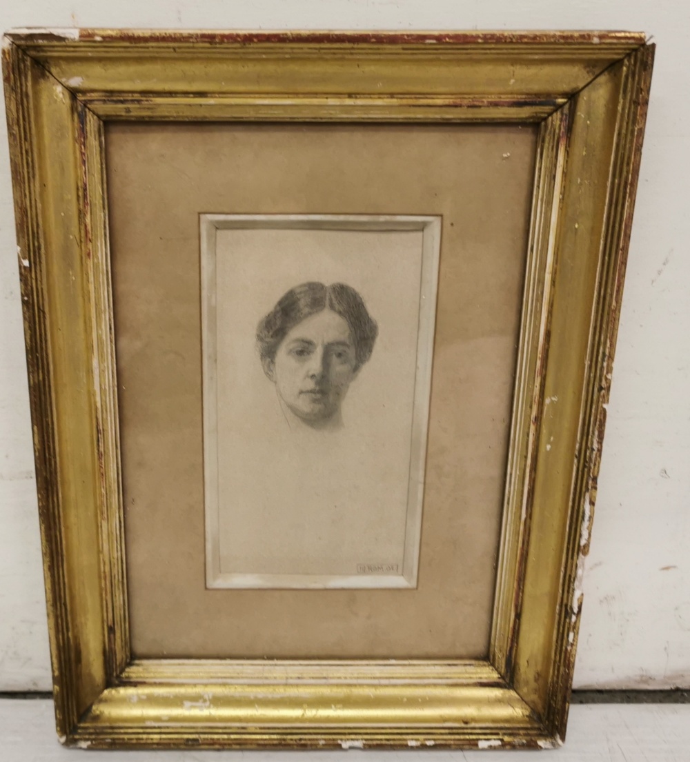 19thC Portrait Sketch of a Female Head, signed 19.ROM.02, 15cm x 9cm, cream mount, in a gold frame - Bild 2 aus 3