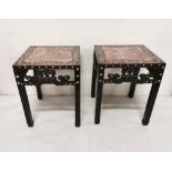 Matching Pair of Rosewood Lamp Tables, featuring red marble tops with decorative bright mother of