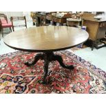 Late 19th C mahogany Oval top Centre/Dining Table on pod base, 4 scrolled feet, 1.46m x 1.27m