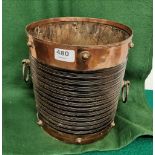 Early 19thC Ash Bucket with copper top rim and base, riveted, ring shaped carrying handles, ribbed