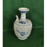 Tall Chinese Blue and White Bulbous shaped Teapot with narrow spout (chipped), red stamp on the